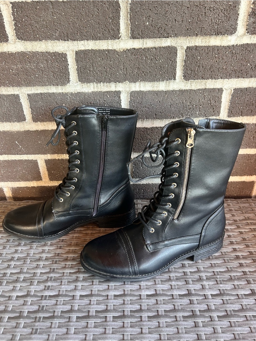 Call It Spring Women’s Black Lace-Up Moto Boots with Side Zipper - Size 10